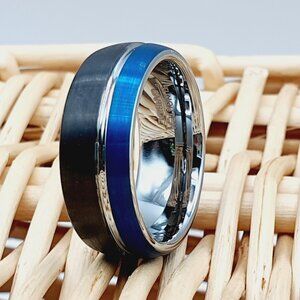 Unisex Tungsten Carbide Ring with Blue Inlay & Brushed Finish W839